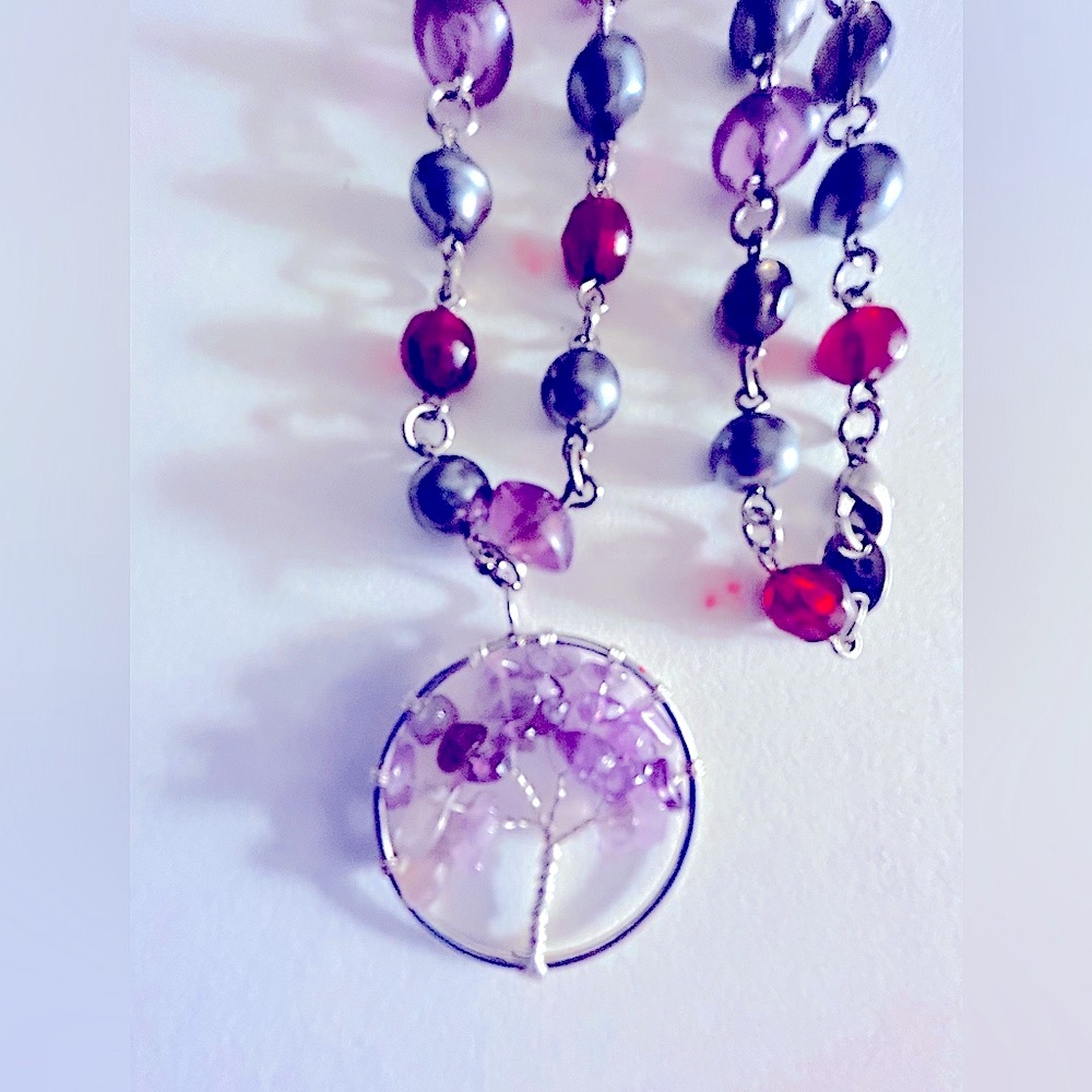 Necklace Amethyst Tree of Life stone, wire wrap on vintage beads purple, red 28”